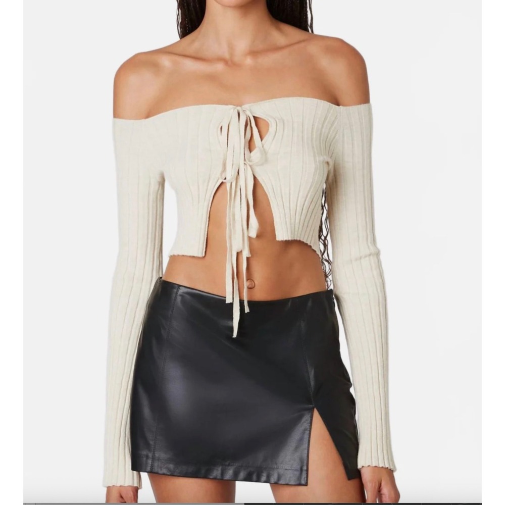 Cotton Candy LA‎ Ribbed Tie Front Crop Top Beige Off Shoulder Long Sleeve S NEW